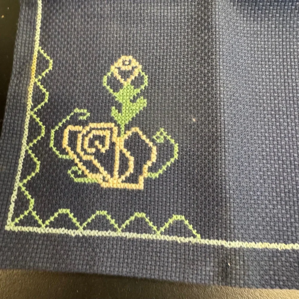 Vintage Placemats Set of 4 Navy Blue Rose Cross Stitch Floral Cottagecore 16x11
